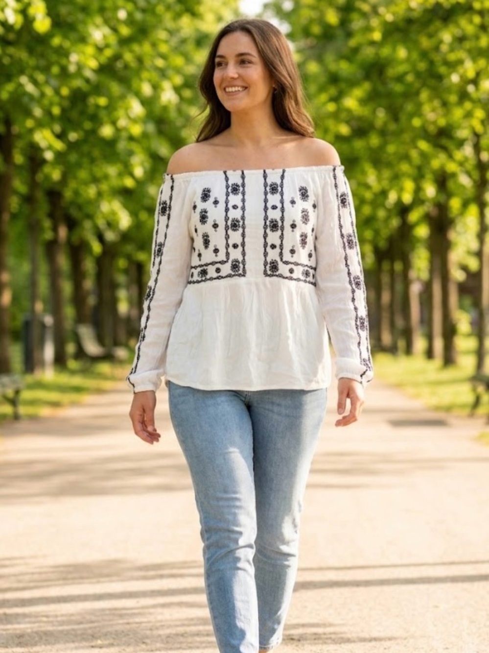 Kismet White Off-Shoulder Blouse with Black Embroidery